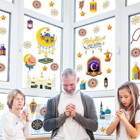 ملصقات نافذة رمضان 196 قطعة لتزيين نوافذ رمضان، ملصقات نافذة لمستلزمات الحفلات، شارات مقطوعة للنوافذ (9 ورقات) in Saudi Arabia