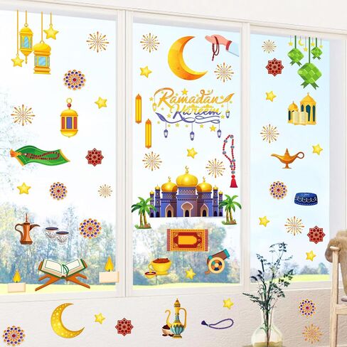 ملصقات نافذة رمضان 196 قطعة لتزيين نوافذ رمضان، ملصقات نافذة لمستلزمات الحفلات، شارات مقطوعة للنوافذ (9 ورقات) in Saudi Arabia