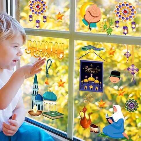 ملصقات نافذة رمضان 196 قطعة لتزيين نوافذ رمضان، ملصقات نافذة لمستلزمات الحفلات، شارات مقطوعة للنوافذ (9 ورقات) in Saudi Arabia