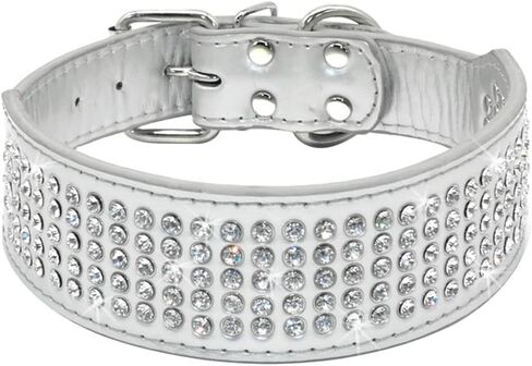 Rhinestones Dog Collars, 2" Width Full Sparkly Crystal Diamonds Dazzling Sparkling Elegant Fancy PU Leather Dog Collar for Medium Large Dogs (Large, Silver) in Saudi Arabia