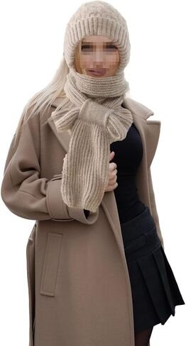 Integrated Ear Protection Windproof Cap Scarf for Women - Balaclava Hood Hat Scarf - Hat with Scarf Attached - Women's Winter Hats with Ear Flaps Knitted Hooded Scarf Grey in Kuwait