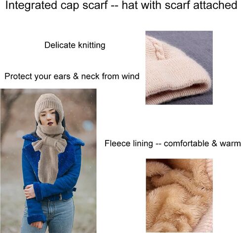 Integrated Ear Protection Windproof Cap Scarf for Women - Balaclava Hood Hat Scarf - Hat with Scarf Attached - Women's Winter Hats with Ear Flaps Knitted Hooded Scarf Grey in Kuwait