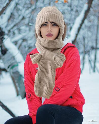 Integrated Ear Protection Windproof Cap Scarf for Women - Balaclava Hood Hat Scarf - Hat with Scarf Attached - Women's Winter Hats with Ear Flaps Knitted Hooded Scarf Grey in Kuwait