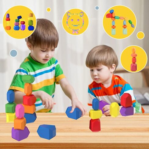 DASEINNGEE 26 Pcs Wooden Sorting Stacking Rocks Montessori Toy Stacking Rocks Balancing Stone Rocks Wooden Building Blocks Toddler Toys for Educational Preschool Learning Toy Ages 3-5 in Kuwait