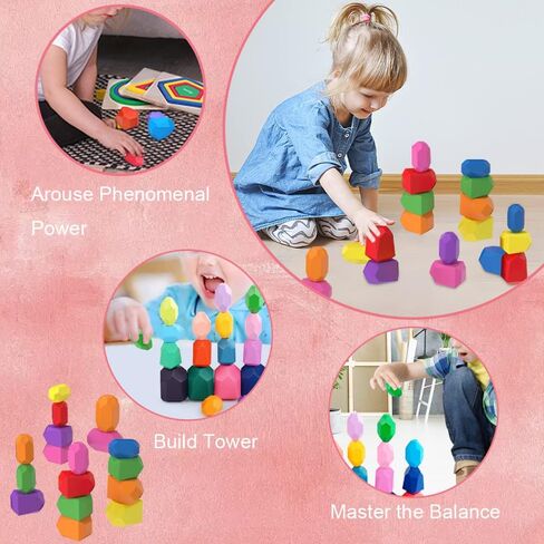 DASEINNGEE 26 Pcs Wooden Sorting Stacking Rocks Montessori Toy Stacking Rocks Balancing Stone Rocks Wooden Building Blocks Toddler Toys for Educational Preschool Learning Toy Ages 3-5 in Kuwait