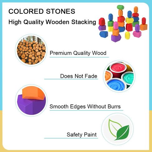 DASEINNGEE 26 Pcs Wooden Sorting Stacking Rocks Montessori Toy Stacking Rocks Balancing Stone Rocks Wooden Building Blocks Toddler Toys for Educational Preschool Learning Toy Ages 3-5 in Kuwait