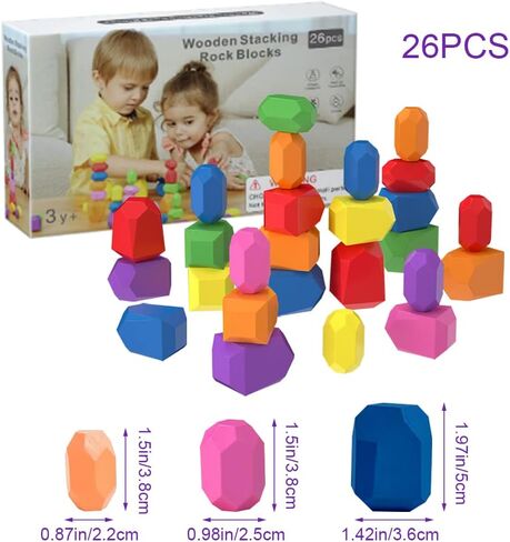 DASEINNGEE 26 Pcs Wooden Sorting Stacking Rocks Montessori Toy Stacking Rocks Balancing Stone Rocks Wooden Building Blocks Toddler Toys for Educational Preschool Learning Toy Ages 3-5 in Kuwait
