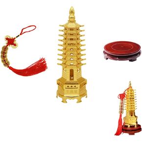 تمثال على شكل برج وين تشانغ 8.3 انش مع قاعدة وعملة فينغ شوي الصينية لتزيين المكتب والمنزل وجذب الحظ والثروة والنجاح من كونتيك (9 طوابق ذهبية) in Kuwait