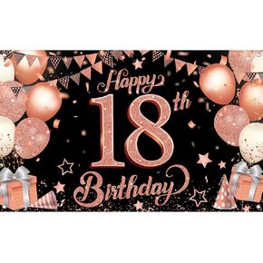 KatchOn, Rose Gold Happy 18th Birthday Banner - Large, 72x44 Inch | Black and Rose Gold 18th Birthday Decorations for Girls | Pink Happy 18th Birthday Backdrop for 18 Year Old Birthday Decorations
