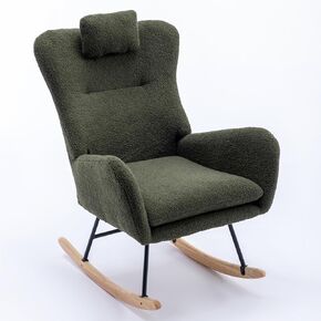 Voohek Teddy Rocking Chair Nursery Glider Rocker with High Backrest, Pocket and Headrest, Solid Wood Base, Cloud-Like Touch, Breathable, Wing Back, for Breastfeeding, Dark Green in Kuwait