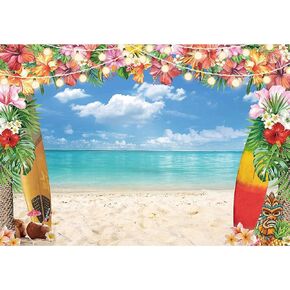 5x7ft Summer Hawaiian Beach Backdrop for Photography Tropical Flower Luau Hawaiian Party Decorations Aloha Blue Sky Ocean Palm Leaves Background Supplies Photoshoot