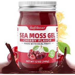 softbear Sea Moss Gel بنكهة الكرز 12 أونصة - جل طحالب البحر الأيرلندية Wildcrafted عضوي خام 92 معادن وفيتامينات غير معدلة وراثيًا، خالي من الغلوتين، مكملات نباتية، دعم الجهاز الهضمي in Kuwait