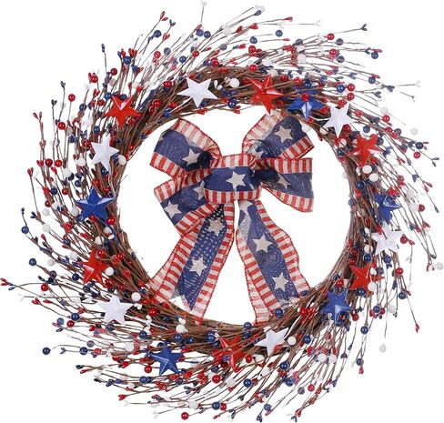 J'FLORU إكليل الرابع من يوليو، 20in أمريكا إكليل وطني أحمر أبيض أزرق بيري إكليل للديكور الرابع من يوليو والاحتفال بيوم الاستقلال in Kuwait