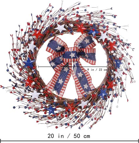 J'FLORU إكليل الرابع من يوليو، 20in أمريكا إكليل وطني أحمر أبيض أزرق بيري إكليل للديكور الرابع من يوليو والاحتفال بيوم الاستقلال in Kuwait