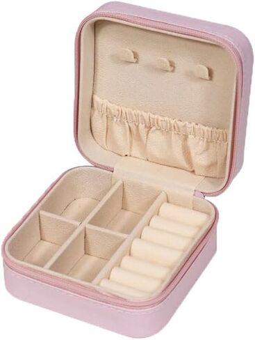 Himilucky Jewellery Box Organiser, Faux Leather Travel Jewelry Case with Zippers, Portable Small PU Jewelry Organiser Storage for Rings Earrings Necklace Bracelets for Girls Women, Pink in Kuwait