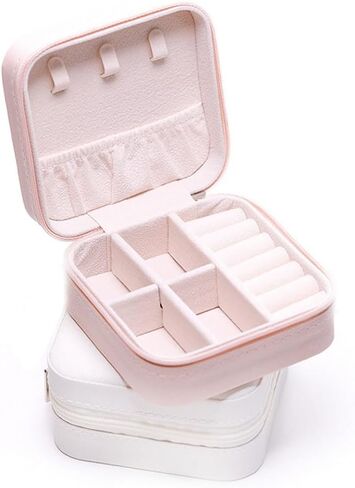 Himilucky Jewellery Box Organiser, Faux Leather Travel Jewelry Case with Zippers, Portable Small PU Jewelry Organiser Storage for Rings Earrings Necklace Bracelets for Girls Women, Pink in Kuwait