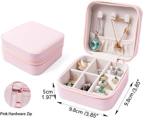 Himilucky Jewellery Box Organiser, Faux Leather Travel Jewelry Case with Zippers, Portable Small PU Jewelry Organiser Storage for Rings Earrings Necklace Bracelets for Girls Women, Pink in Kuwait