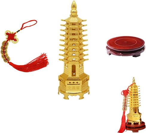 تمثال على شكل برج وين تشانغ 8.3 انش مع قاعدة وعملة فينغ شوي الصينية لتزيين المكتب والمنزل وجذب الحظ والثروة والنجاح من كونتيك (9 طوابق ذهبية) in Kuwait
