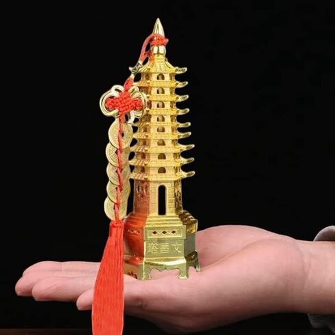 تمثال على شكل برج وين تشانغ 8.3 انش مع قاعدة وعملة فينغ شوي الصينية لتزيين المكتب والمنزل وجذب الحظ والثروة والنجاح من كونتيك (9 طوابق ذهبية) in Kuwait