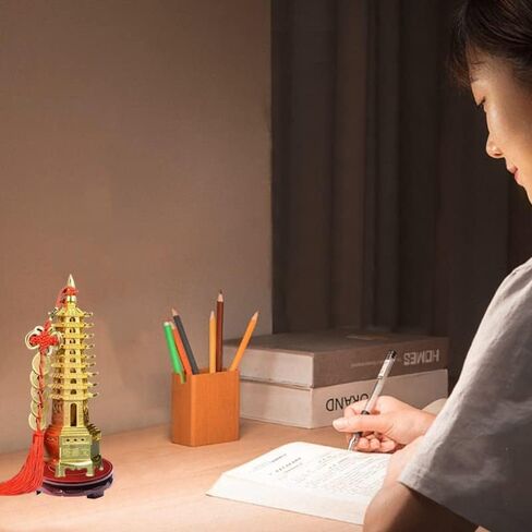 تمثال على شكل برج وين تشانغ 8.3 انش مع قاعدة وعملة فينغ شوي الصينية لتزيين المكتب والمنزل وجذب الحظ والثروة والنجاح من كونتيك (9 طوابق ذهبية) in Kuwait