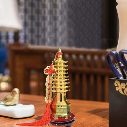 تمثال على شكل برج وين تشانغ 8.3 انش مع قاعدة وعملة فينغ شوي الصينية لتزيين المكتب والمنزل وجذب الحظ والثروة والنجاح من كونتيك (9 طوابق ذهبية) in Kuwait
