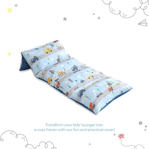 Boston Linen Co. غطاء وسادة أرضية للأطفال غطاء سرير Roadster Roar Lounger للأطفال ووسادة للقراءة ووقت الراحة والألعاب - Queen in Kuwait