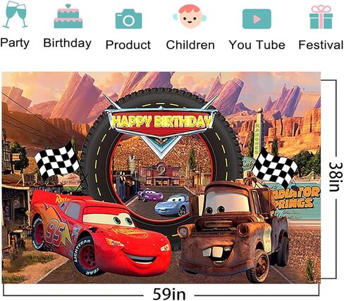 خلفية سيارات سباق حمراء لمستلزمات حفلات عيد ميلاد سعيد، لافتة لايتنينج ماكوين لتزيين الحفلات، خلفية صور مقاس 59 × 38 انش in Kuwait