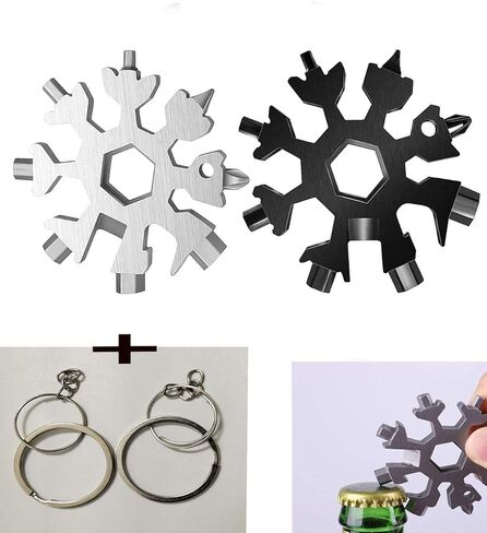 اداة متعددة الاستخدامات 18 في 1 بتصميم ندفة الثلج، فتاحة زجاجات من الستانلس ستيل / طقم مفك براغي فيليبس مسطح / مفتاح ربط، متينة وقابلة للحمل، هدية رائعة للكريسماس (فضي واسود) in Kuwait