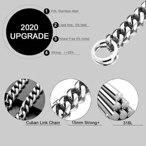 Loveshine سلسلة الكلب طوق عالية مصقول الفضة الكوبية ربط سلسلة الكلب سلسلة طوق معدني الفولاذ المقاوم للصدأ الثقيلة زلة الكلب الياقات للكلاب المتوسطة (15MM، 26 ") in Kuwait