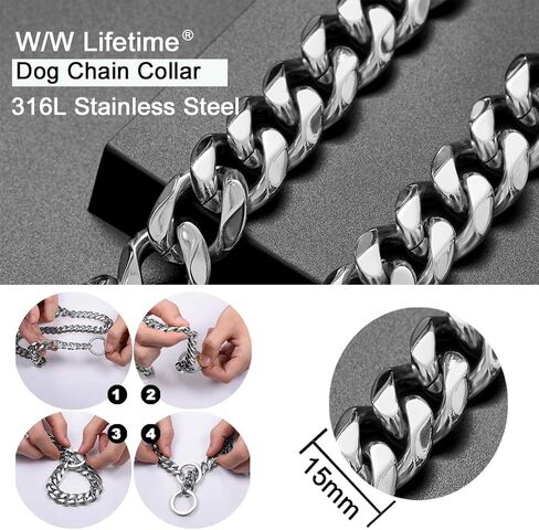 Loveshine سلسلة الكلب طوق عالية مصقول الفضة الكوبية ربط سلسلة الكلب سلسلة طوق معدني الفولاذ المقاوم للصدأ الثقيلة زلة الكلب الياقات للكلاب المتوسطة (15MM، 26 ") in Kuwait