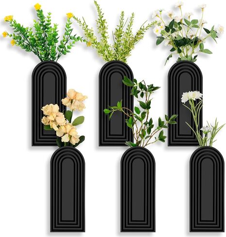 Yoande 6 Pcs Wood Arch Hanging Wall Planters for Indoor Plants Black Wooden Wall Vase Farmhouse Minimalist Wall Flower Holders Modern Hanging Vase for Decor Dried Flowers Faux Greenery Bedroom Decor in Kuwait