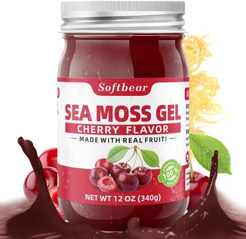 softbear Sea Moss Gel بنكهة الكرز 12 أونصة - جل طحالب البحر الأيرلندية Wildcrafted عضوي خام 92 معادن وفيتامينات غير معدلة وراثيًا، خالي من الغلوتين، مكملات نباتية، دعم الجهاز الهضمي in Kuwait