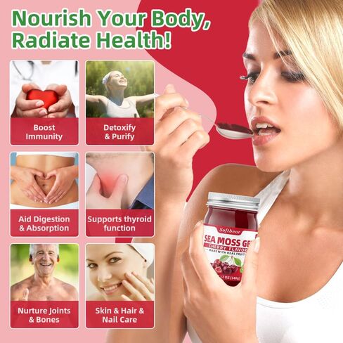 softbear Sea Moss Gel بنكهة الكرز 12 أونصة - جل طحالب البحر الأيرلندية Wildcrafted عضوي خام 92 معادن وفيتامينات غير معدلة وراثيًا، خالي من الغلوتين، مكملات نباتية، دعم الجهاز الهضمي in Kuwait