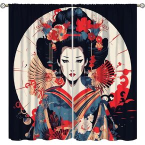 Japanese Geisha Curtains, Vintage Traditional Beautiful Japanese Geisha Girl Black Background Printed Bedroom/Living Room/Kitchen Universal Thru Rod Blackout Curtains42x45in in Kuwait