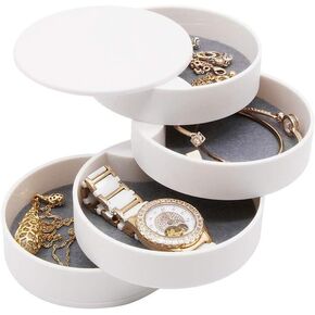 Fullgaden Organizer, 4-Tier 360 Degree Rotating Jewelry Storage Box for Earring Bracelets Rings Fits Small Spaces on Dressers, White