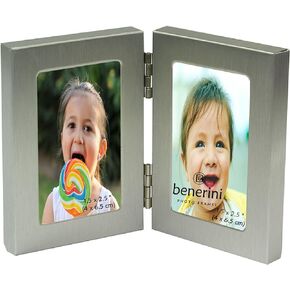 benerini Brushed Aluminium Satin Silver Colour Twin 2 Picture Double Folding Photo Frame Gift - Takes 2 Standard 6 x 4 inch photographs (1 Landscape and 1 Portrait Style)