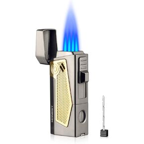 Cigar Torch Lighter with Cigar Stand on Top Four Jet Flame Butane Refillable Cigar Lighter with Punch(Black)