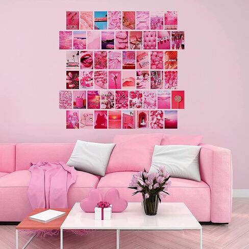 50 Pcs Pink Wall Collage Kit, 4*6 Inch Double-Sided Poster Set, Wall Art Print Collage Kit, Picture Collage Kit, Wall Aesthetic Pictures, Wall Dorm Room Decor for Teen Grils(Pink Girly Heart) in Saudi Arabia