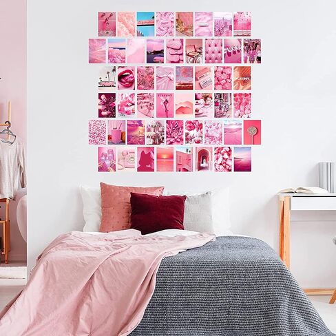 50 Pcs Pink Wall Collage Kit, 4*6 Inch Double-Sided Poster Set, Wall Art Print Collage Kit, Picture Collage Kit, Wall Aesthetic Pictures, Wall Dorm Room Decor for Teen Grils(Pink Girly Heart) in Saudi Arabia