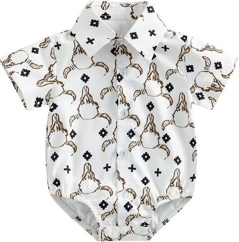 BULINGNA Baby Boy Cowboy Shirt Romper One-Piece Jumpsuit Western Clothes | Short Sleeve/Long Sleeve, Button Down, Lapel Collar, Geometric/Bull Head Print, Dress Shirt Romper, Summer Fall Outfit in Saudi Arabia