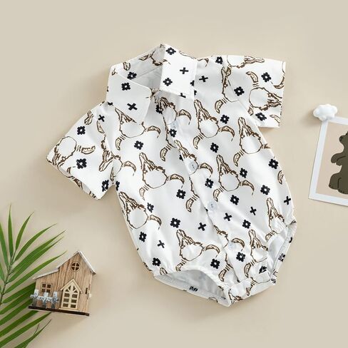BULINGNA Baby Boy Cowboy Shirt Romper One-Piece Jumpsuit Western Clothes | Short Sleeve/Long Sleeve, Button Down, Lapel Collar, Geometric/Bull Head Print, Dress Shirt Romper, Summer Fall Outfit in Saudi Arabia