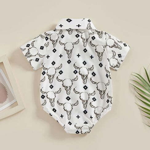 BULINGNA Baby Boy Cowboy Shirt Romper One-Piece Jumpsuit Western Clothes | Short Sleeve/Long Sleeve, Button Down, Lapel Collar, Geometric/Bull Head Print, Dress Shirt Romper, Summer Fall Outfit in Saudi Arabia