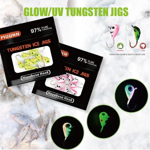 MUUNN 5 Pack Tungsten Ice Fishing Jigs, 2.7/3.2/4/5/6mm Glow Tungsten Teardrop Ice Jig Heads Ice Fishing Lures for Walleye Crappie Panfish in Saudi Arabia