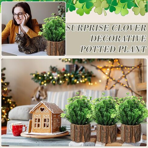 Hotop 3 Pcs Artificial Four Leaf Clover Fake Shamrock Plant Plastic Clover Plants Small Artificial Faux Greenery Irish Themes Mini Potted Plant Flower Bush Home Office Desk Decor for St Patricks Day in Saudi Arabia