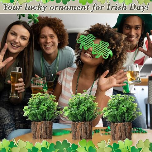 Hotop 3 Pcs Artificial Four Leaf Clover Fake Shamrock Plant Plastic Clover Plants Small Artificial Faux Greenery Irish Themes Mini Potted Plant Flower Bush Home Office Desk Decor for St Patricks Day in Saudi Arabia