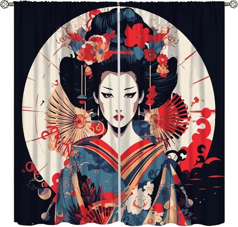 Japanese Geisha Curtains, Vintage Traditional Beautiful Japanese Geisha Girl Black Background Printed Bedroom/Living Room/Kitchen Universal Thru Rod Blackout Curtains42x45in in Kuwait