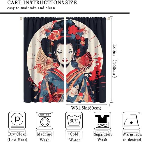 Japanese Geisha Curtains, Vintage Traditional Beautiful Japanese Geisha Girl Black Background Printed Bedroom/Living Room/Kitchen Universal Thru Rod Blackout Curtains42x45in in Kuwait