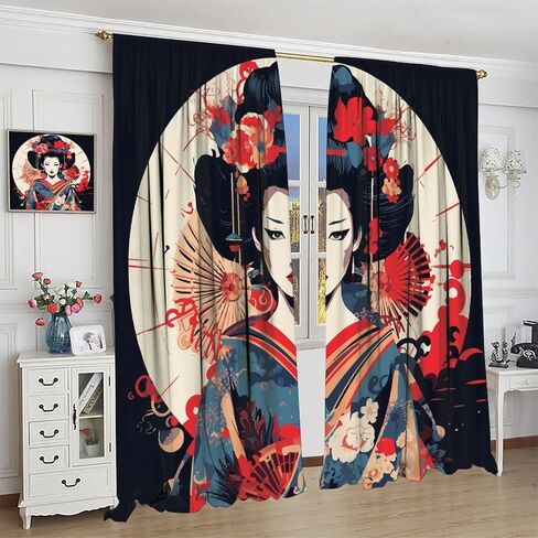 Japanese Geisha Curtains, Vintage Traditional Beautiful Japanese Geisha Girl Black Background Printed Bedroom/Living Room/Kitchen Universal Thru Rod Blackout Curtains42x45in in Kuwait