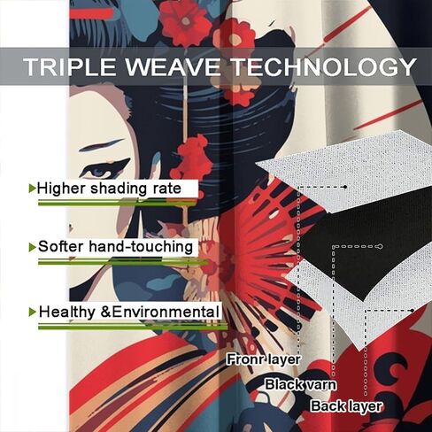 Japanese Geisha Curtains, Vintage Traditional Beautiful Japanese Geisha Girl Black Background Printed Bedroom/Living Room/Kitchen Universal Thru Rod Blackout Curtains42x45in in Kuwait