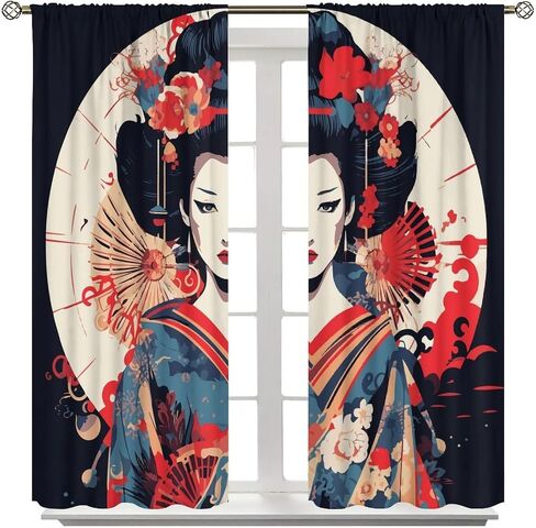 Japanese Geisha Curtains, Vintage Traditional Beautiful Japanese Geisha Girl Black Background Printed Bedroom/Living Room/Kitchen Universal Thru Rod Blackout Curtains42x45in in Kuwait